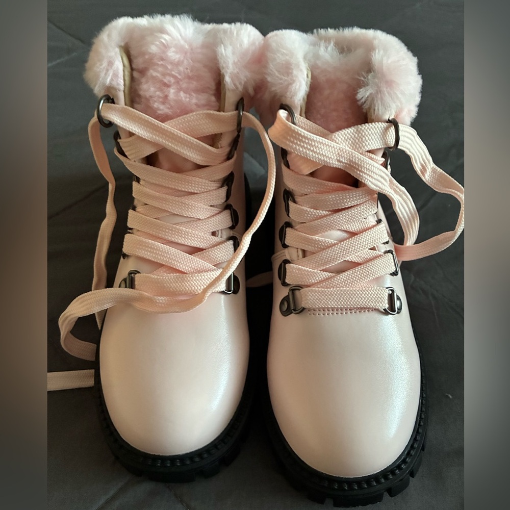 Pink Fur-Lined Lace-Up Boots